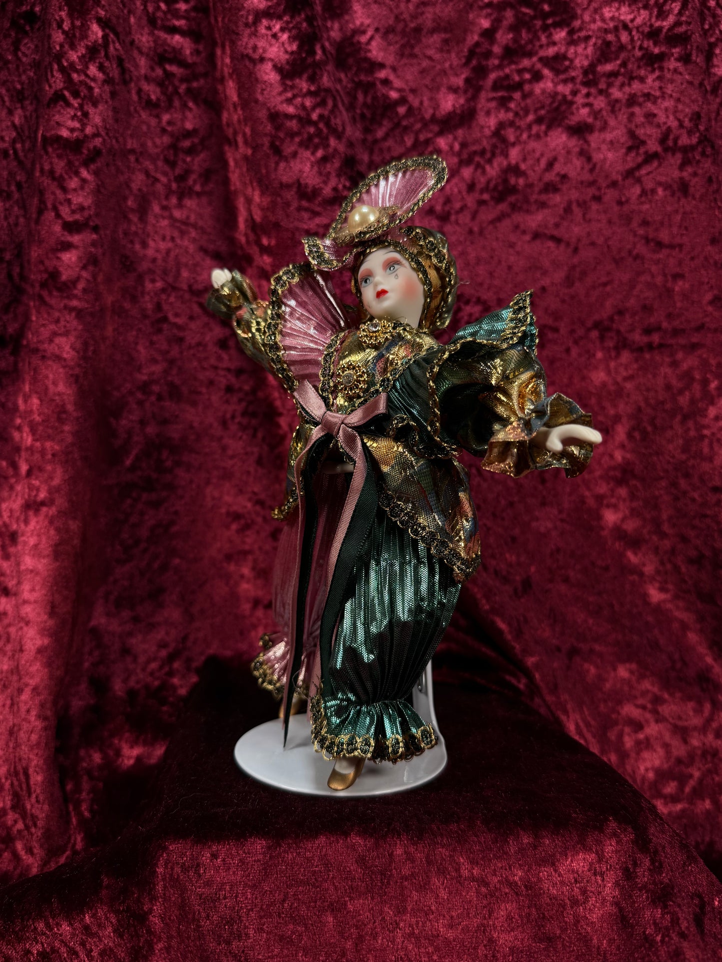 Vintage Porcelain Jester Doll – Metallic Pleated Costume Renaissance Figure - Pink Teal and Gold