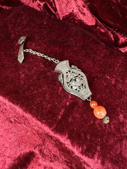 Antique Sterling Silver Needle Case Pendant Chatelaine – Carnelian Bead Late Qing Dynasty Style