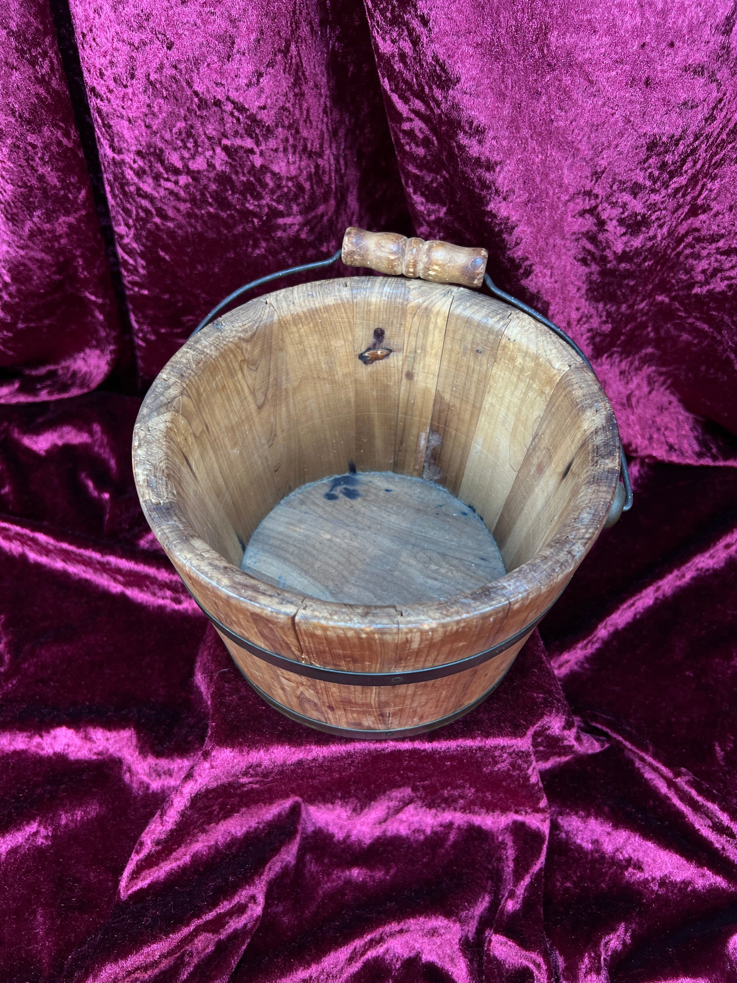 Antique Wood Bucket - Bentwood Stave Construction Iron Swing Handle