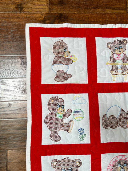 Vintage Cotton Baby Quilt – Anthropomorphic Teddy Bear Patchwork Nursery Blanket