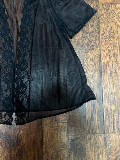 Vintage Night Winks Bed Jacket -  Sheer Black with Floral Lace Open Front - Medium