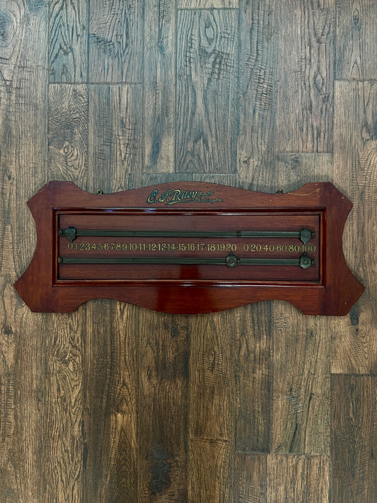 Vintage Mahogany Snookers Billiards Scoreboard with Brass Pointers - E.J. Riley Limited Accrington