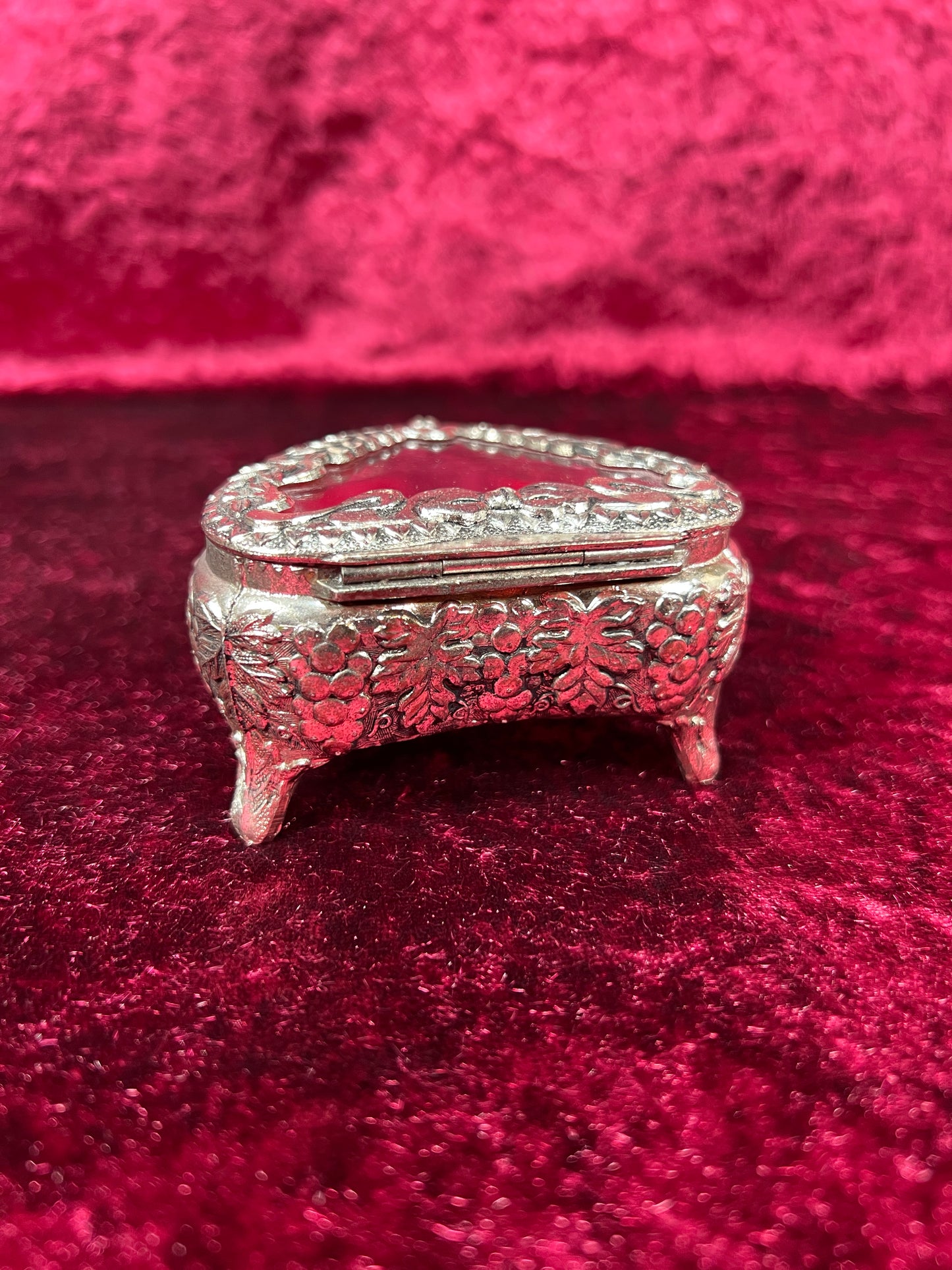 Vintage Vanity - Heart Shaped Jewelry Box - Ornate Silver Grapevine Filigree - Red Velvet Lining - Footed