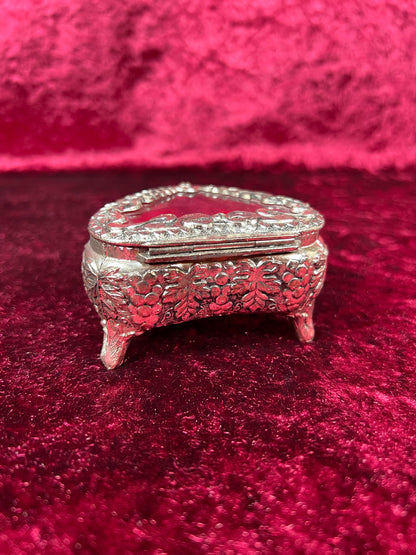 Vintage Vanity - Heart Shaped Jewelry Box - Ornate Silver Grapevine Filigree - Red Velvet Lining - Footed