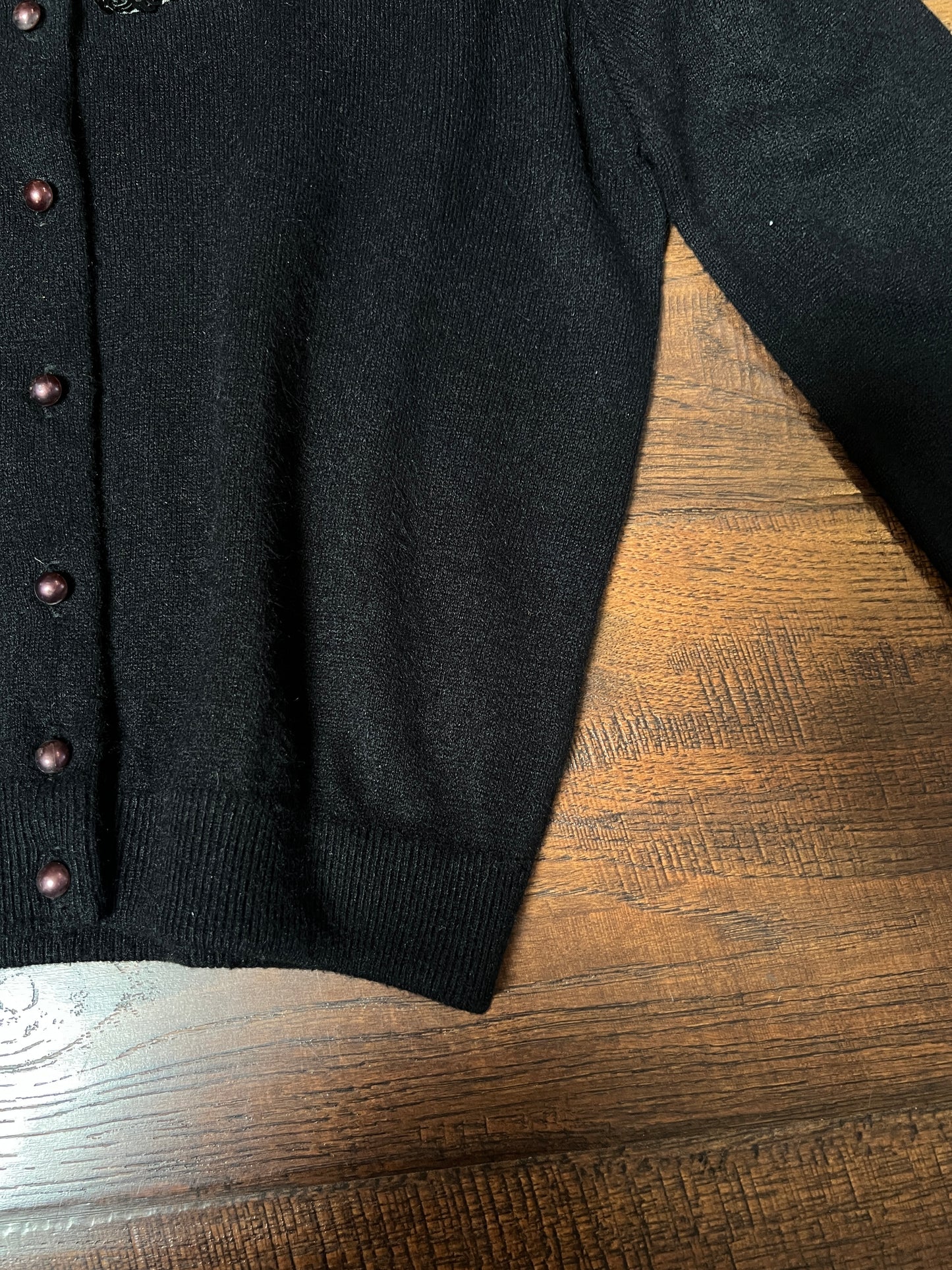 Vintage 1960s Knit Cardigan - Black Sheer Illusion Sequin Yoke with Metal Buttons - Size Medium