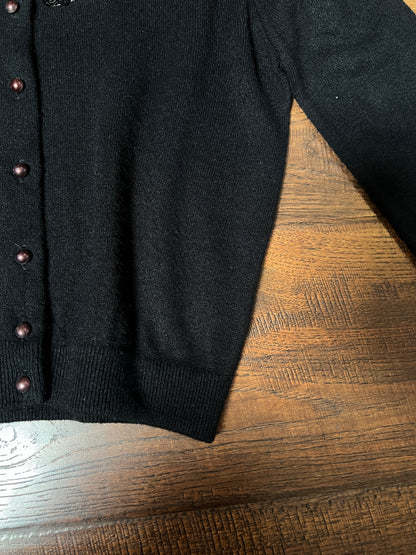 Vintage 1960s Knit Cardigan - Black Sheer Illusion Sequin Yoke with Metal Buttons - Size Medium