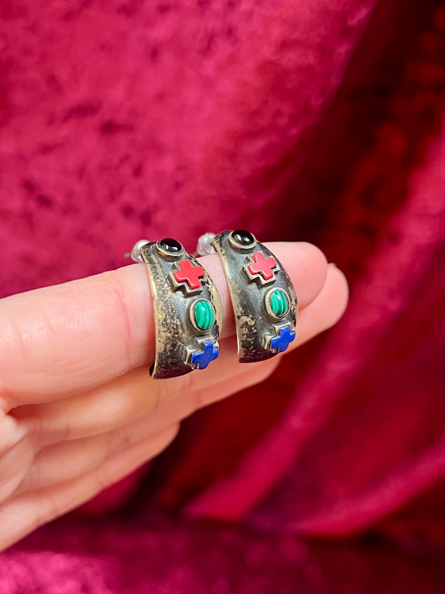 Vintage Jewelry - Half Hoop Earrings - Sterling Silver - Inlaid Stones - Signed SE