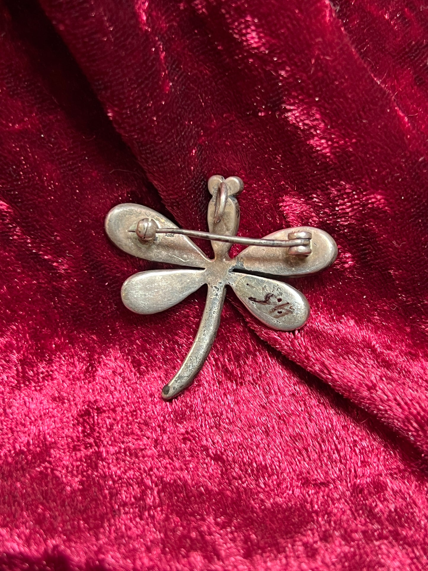 Vintage Jewelry - Brooch / Pendant - Silver Tone Metal with Inlay - Dragonfly