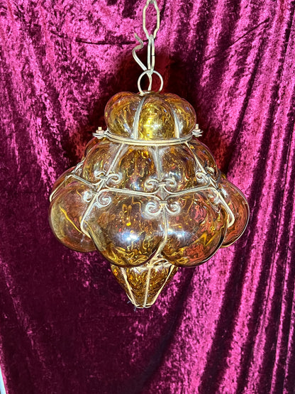 Vintage Lamp - Pendant Light - Hand Blown Caged Amber Glass - Seguso Murano