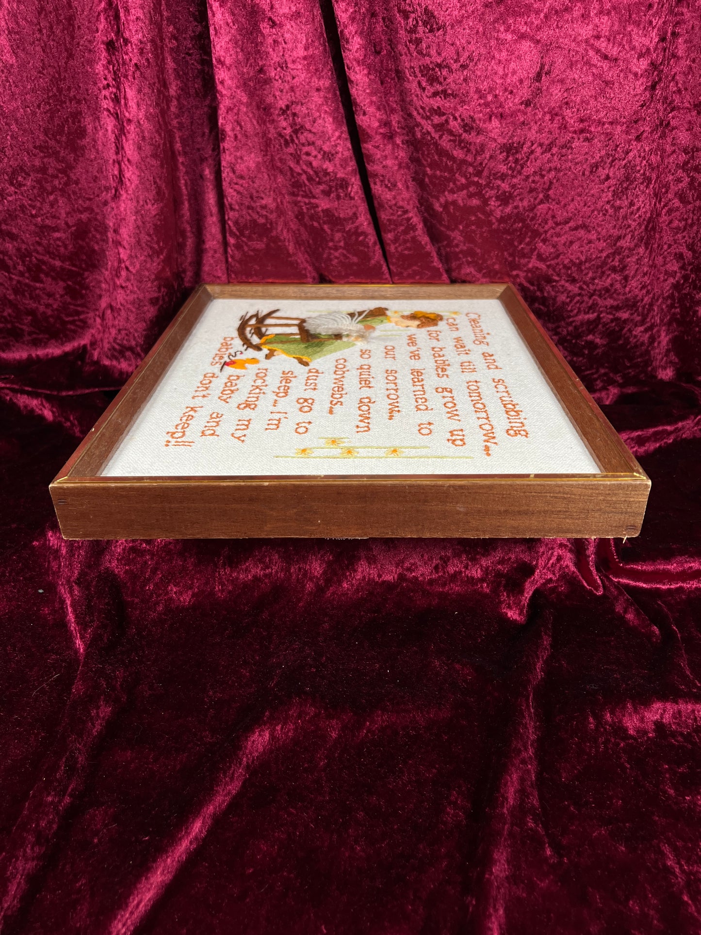 Vintage Framed Crewel Embroidery Wall Art - Babies Don't Keep Needlework - Sunset Designs 1977