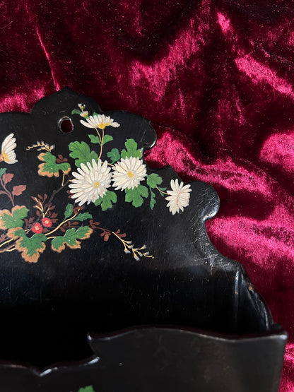 Antique Papier Mache Wall Pocket - Victorian Black Lacquer Painted White Flowers