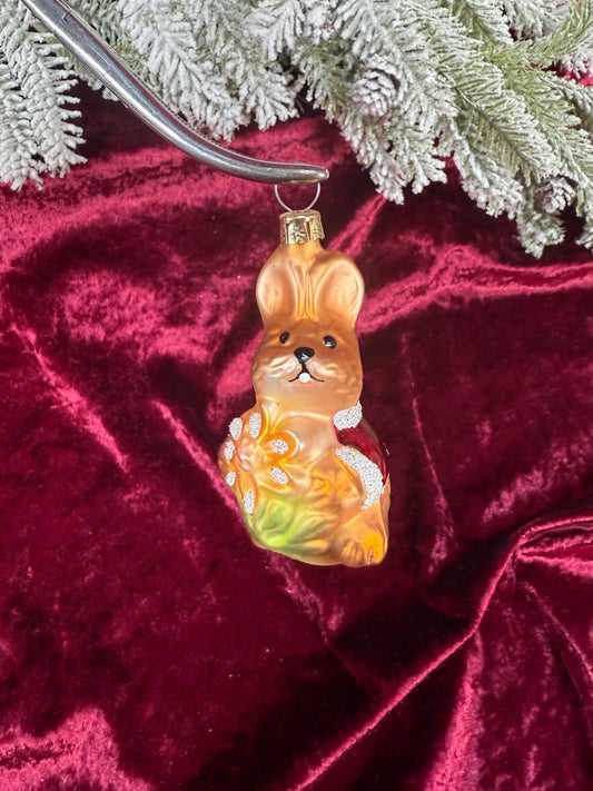 Vintage Christmas - Handblown Glass Ornament - Santa Bunny Holding A Flower - Czech Republic