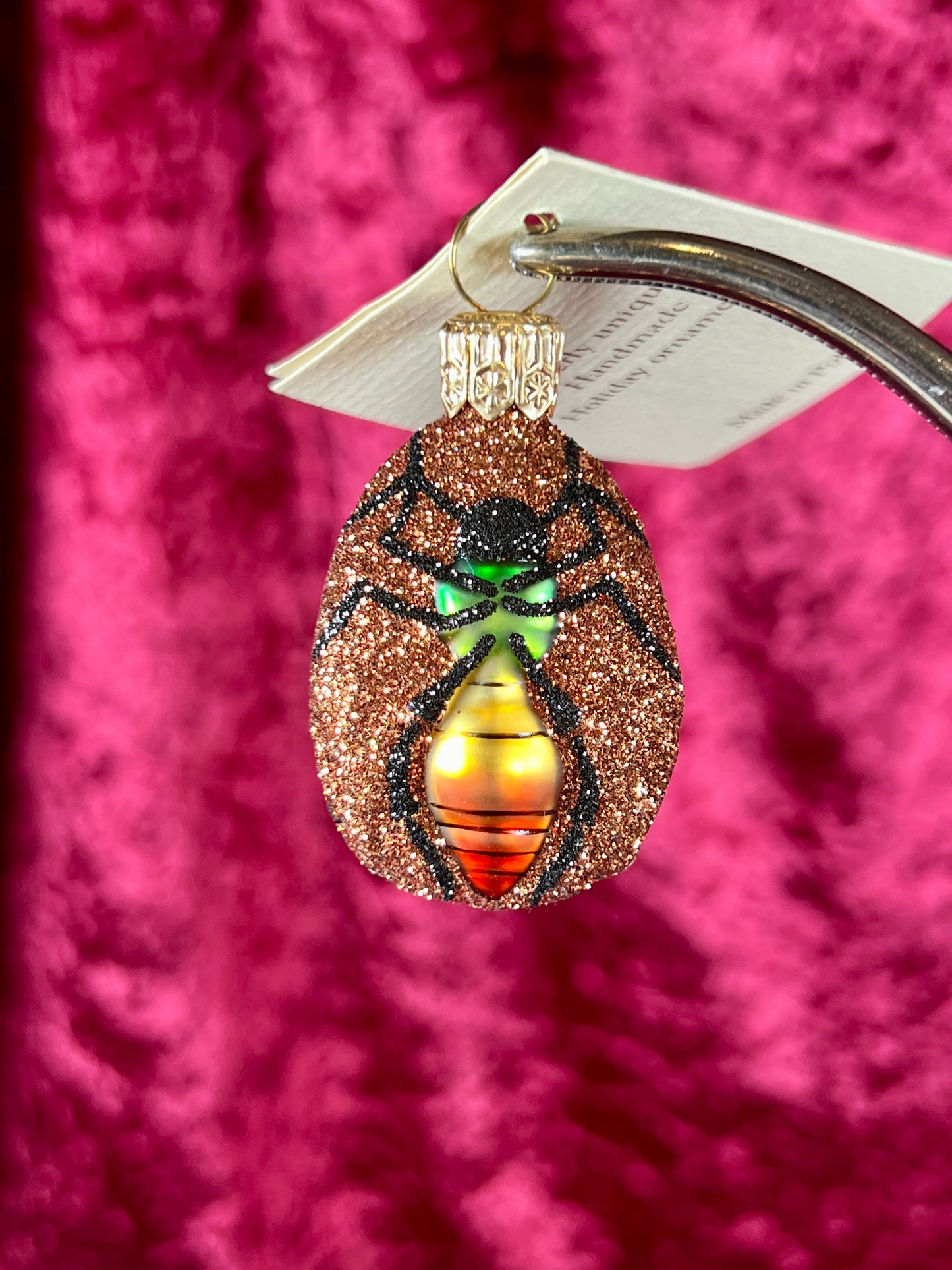 Vintage Christmas - Handblown Glass Ornament - Flying Insect - Green / Yellow on Orange Glitter - Patricia Breen