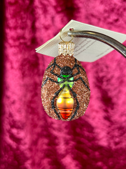 Vintage Christmas - Handblown Glass Ornament - Flying Insect - Green / Yellow on Orange Glitter - Patricia Breen