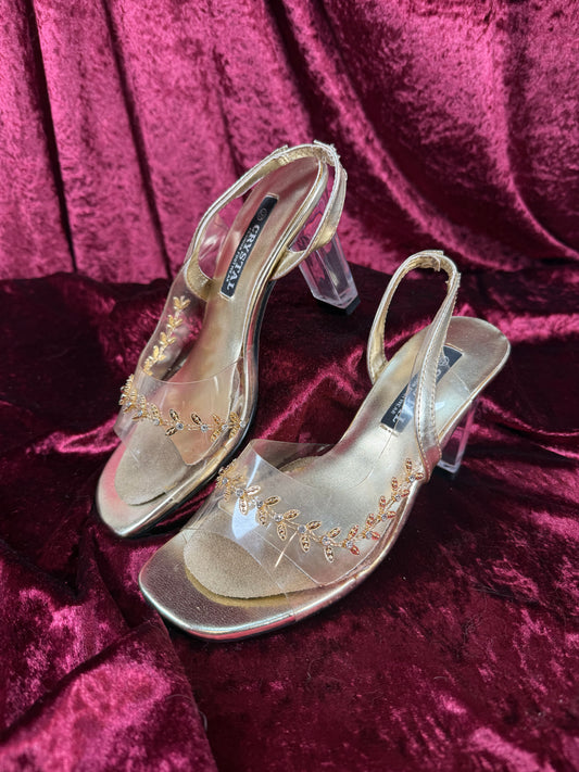 Vintage Shoes - Peep Toe Sling Backs with Lucite Heels and Gold Embellishments - Size 5