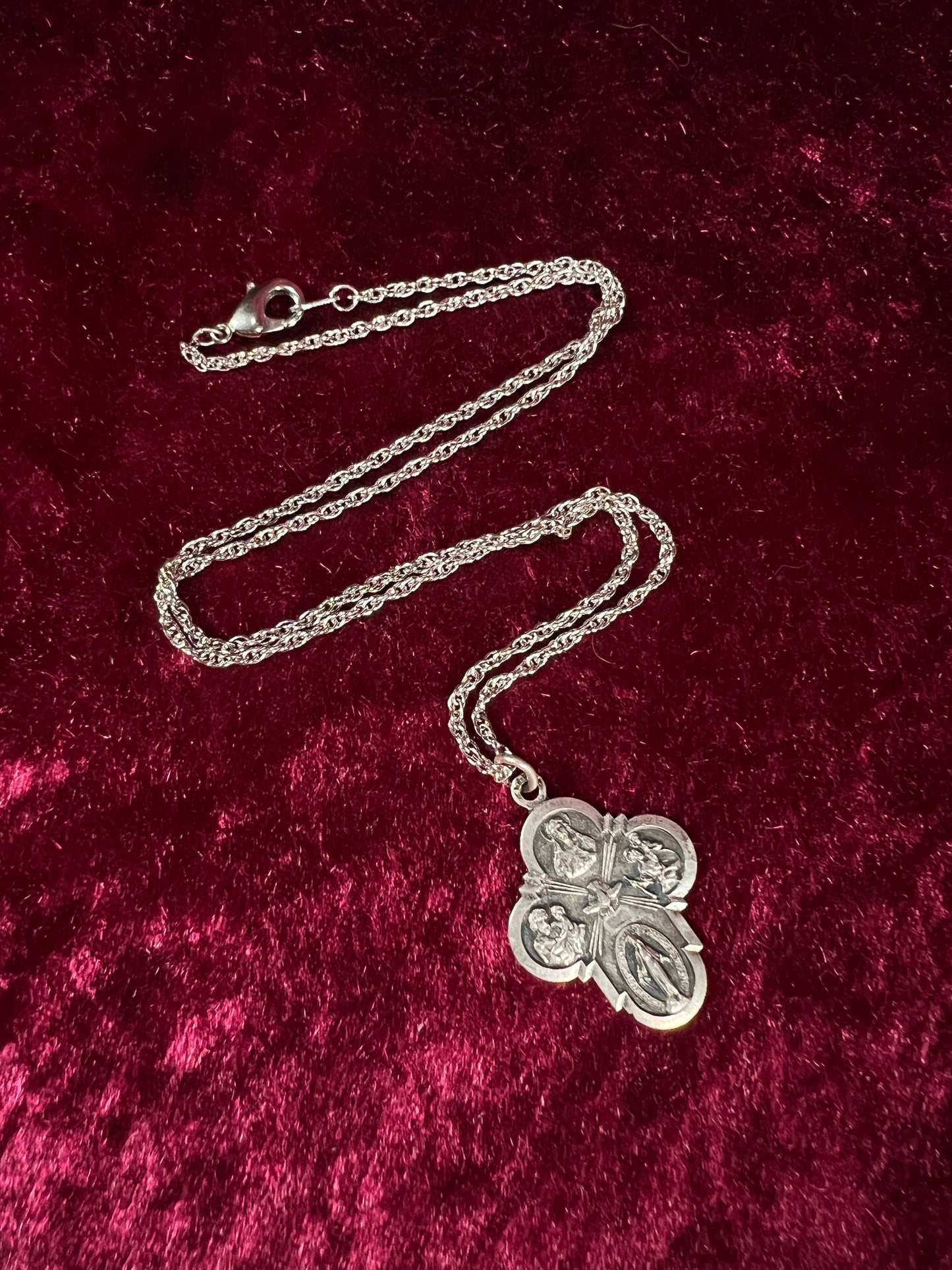 Vintage Silver Plated Religious Medal Pendant - Mother Mary and The Holy Trinity Cross