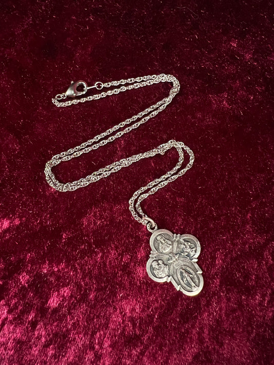 Vintage Silver Plated Religious Medal Pendant - Mother Mary and The Holy Trinity Cross