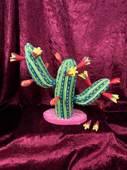 Vintage Wood Alebrije Flowering Saguaro Cactus – Hand Painted Mexican Folk Art - Ignacio Ojeda
