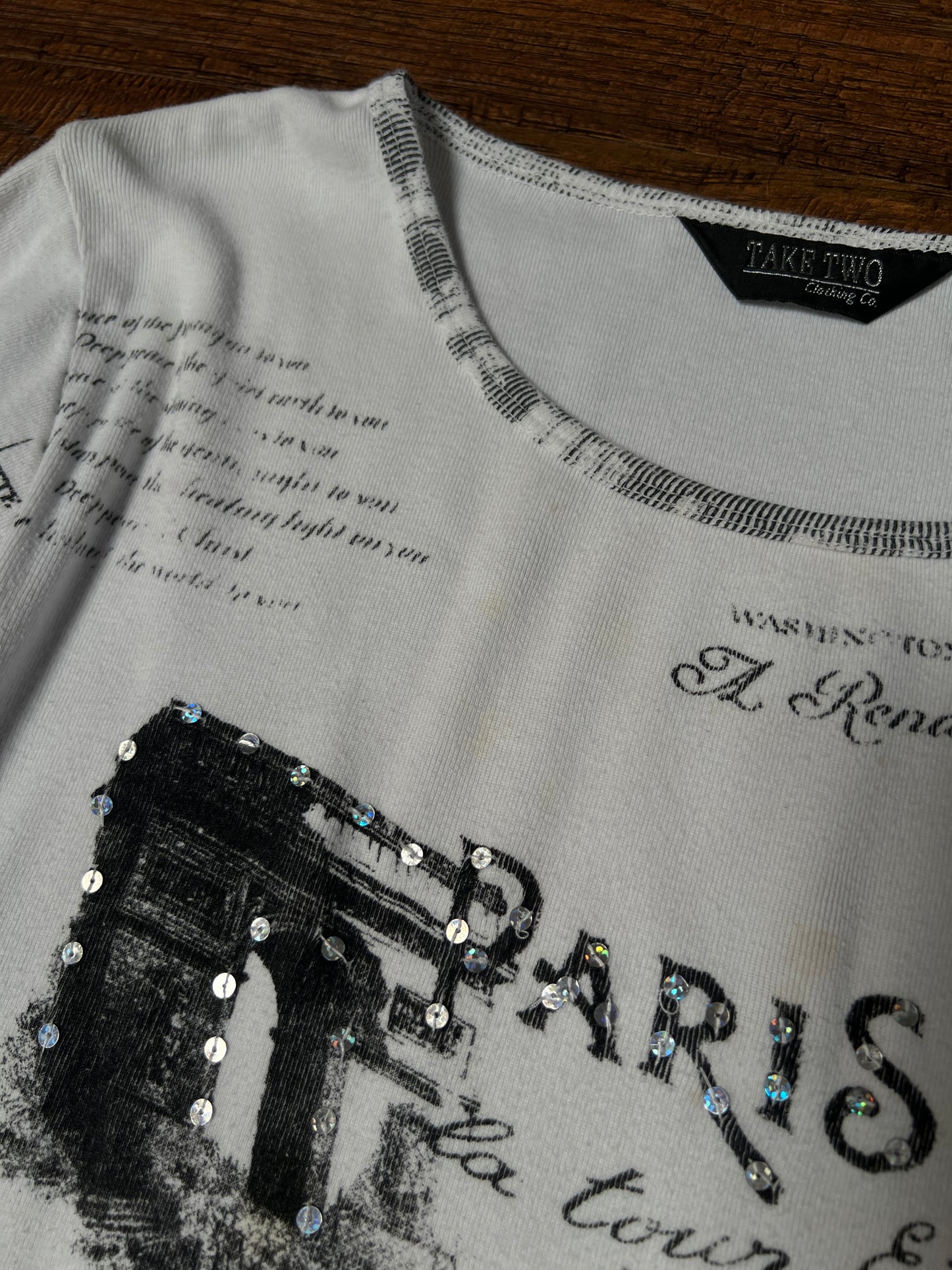 Vintage Take Two Cotton Graphic Top — Paris Eiffel Tower Sequin Print - Size Large