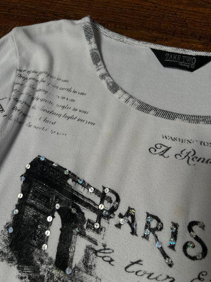 Vintage Take Two Cotton Graphic Top — Paris Eiffel Tower Sequin Print - Size Large