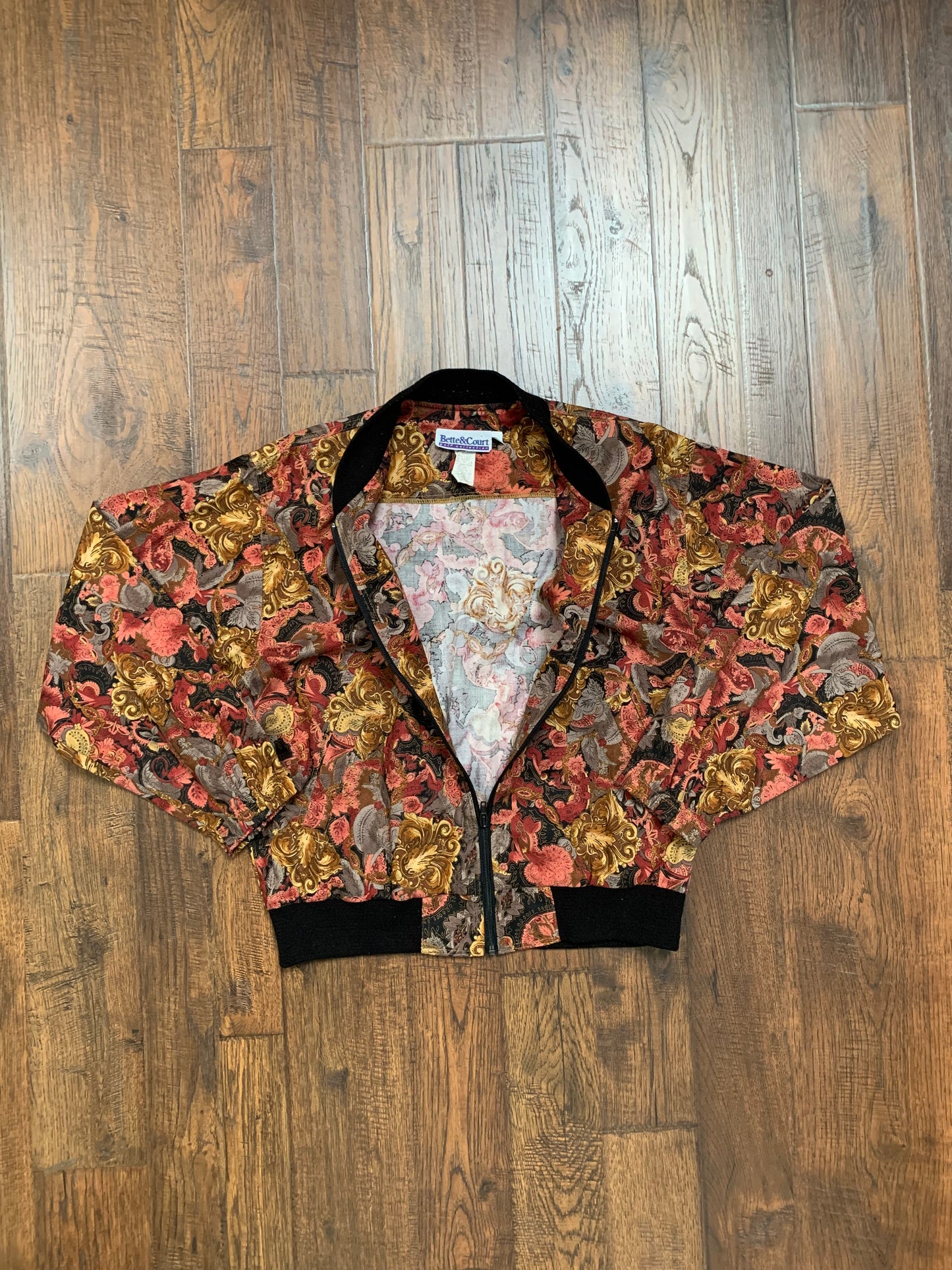 Vintage Clothing - Bomber Jacket - Pink & Gold Tapestry Print - Bette & Court Golf Collection - Medium