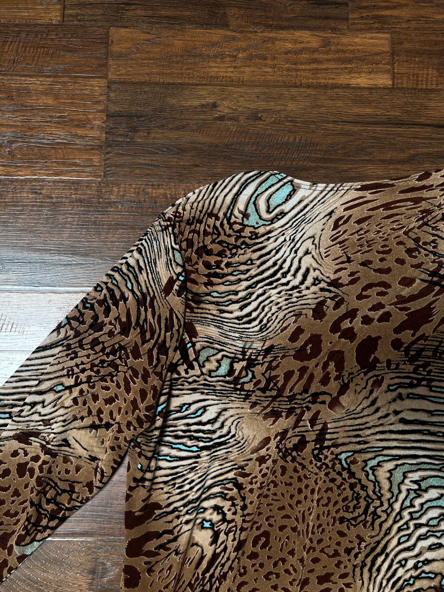 Vintage Rayon Blend Animal Print Top – Abstract Safari Long Sleeve – Large