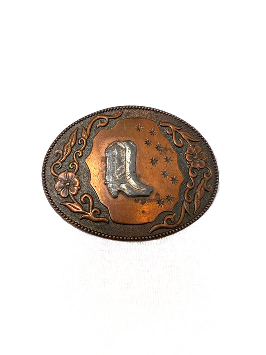 Vintage Accessories - Western Style Belt Buckle - Copper and Silver - Cowboy Boots