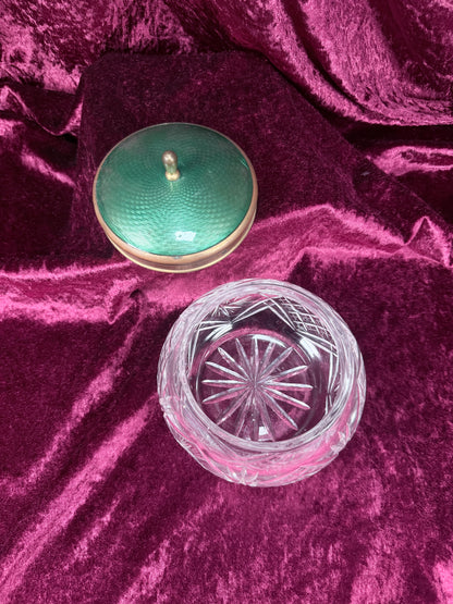 Vintage Cut Crystal Vanity Jar – Green Guilloché Style Lid Dresser Box