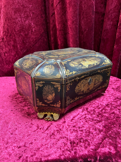 Antique Sewing Kit - Black Lacquer Ladies Work Box - Octagonal 19th Century Asian Chinoiserie