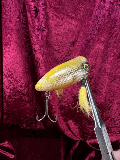 Vintage Plastic Fishing Lure -  Yellow Plug Crankbait with Hook Skirts