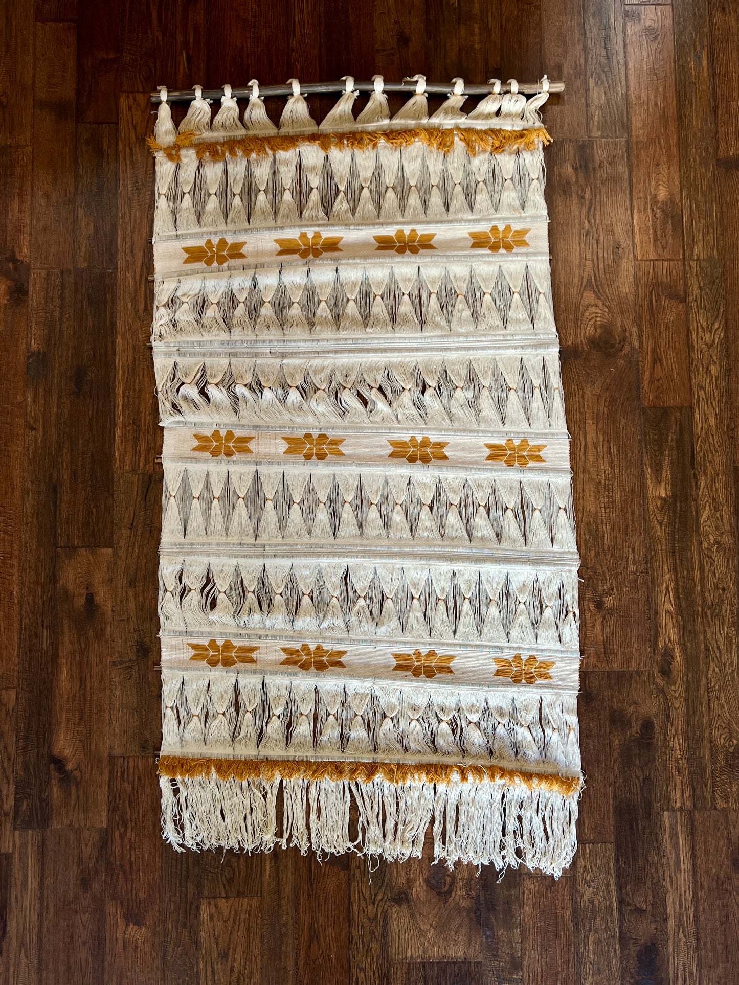 Vintage Colombian Woven Wall Hanging - 1970s Boho Tapestry - Cream and Gold