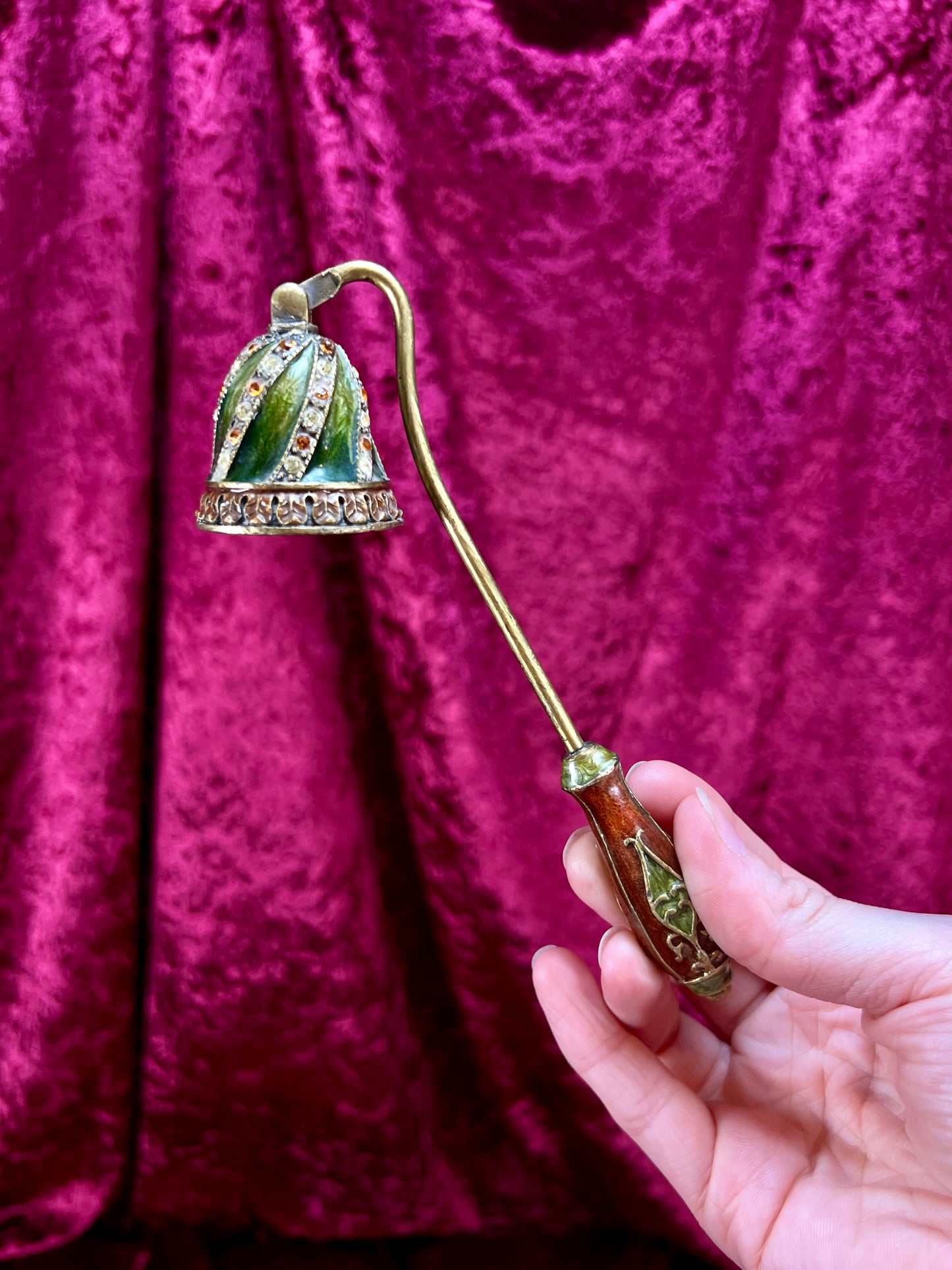 Vintage Brass Enamel Candle Snuffer - Jeweled Green Victorian Revival