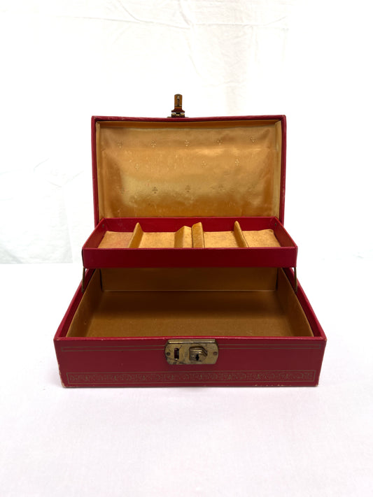 Vintage Jewelry Box - Red with Gold Filigree - Gold Fleur-de-Lis Lining