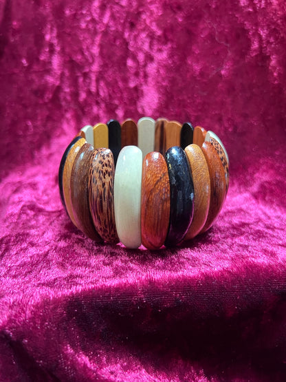 Vintage Jewelry - Elastic Bangle Bracelet - Multi-Tone Wood