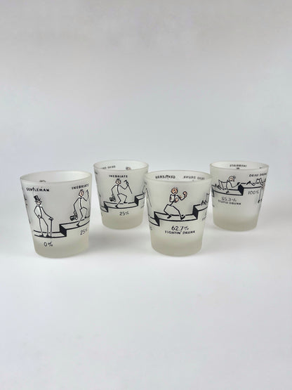 Humorous Vintage Frosted Glass Lowball Tumblers - 100% Dead Drunk - Set of 4