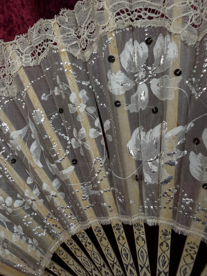 Antique Art Nouveau Handheld Fan with Lace Trim – Hand Painted Floral Design with Sequin Detail
