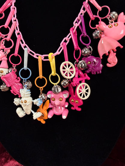 Vintage 1980s Plastic Chain Charm Necklace - 12 Bell / Googly Eyes Charms - Pink & Purple