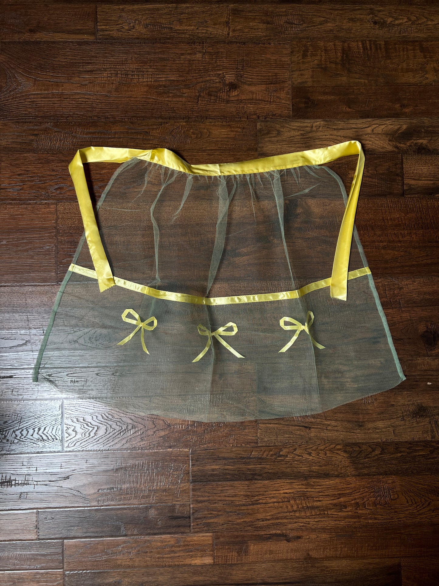Vintage Handmade Green Tulle Half Apron — Mid Century Yellow Satin Ribbon Bows