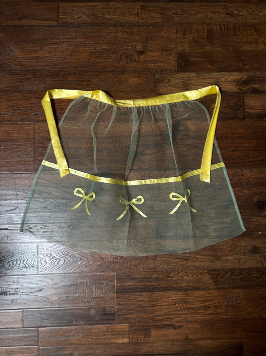 Vintage Handmade Green Tulle Half Apron — Mid Century Yellow Satin Ribbon Bows