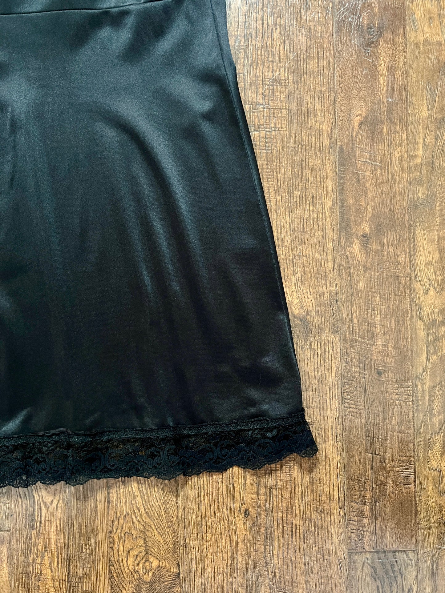 Vintage Nylon Spaghetti Strap Slip Dress - Black Lace Trim Nightgown