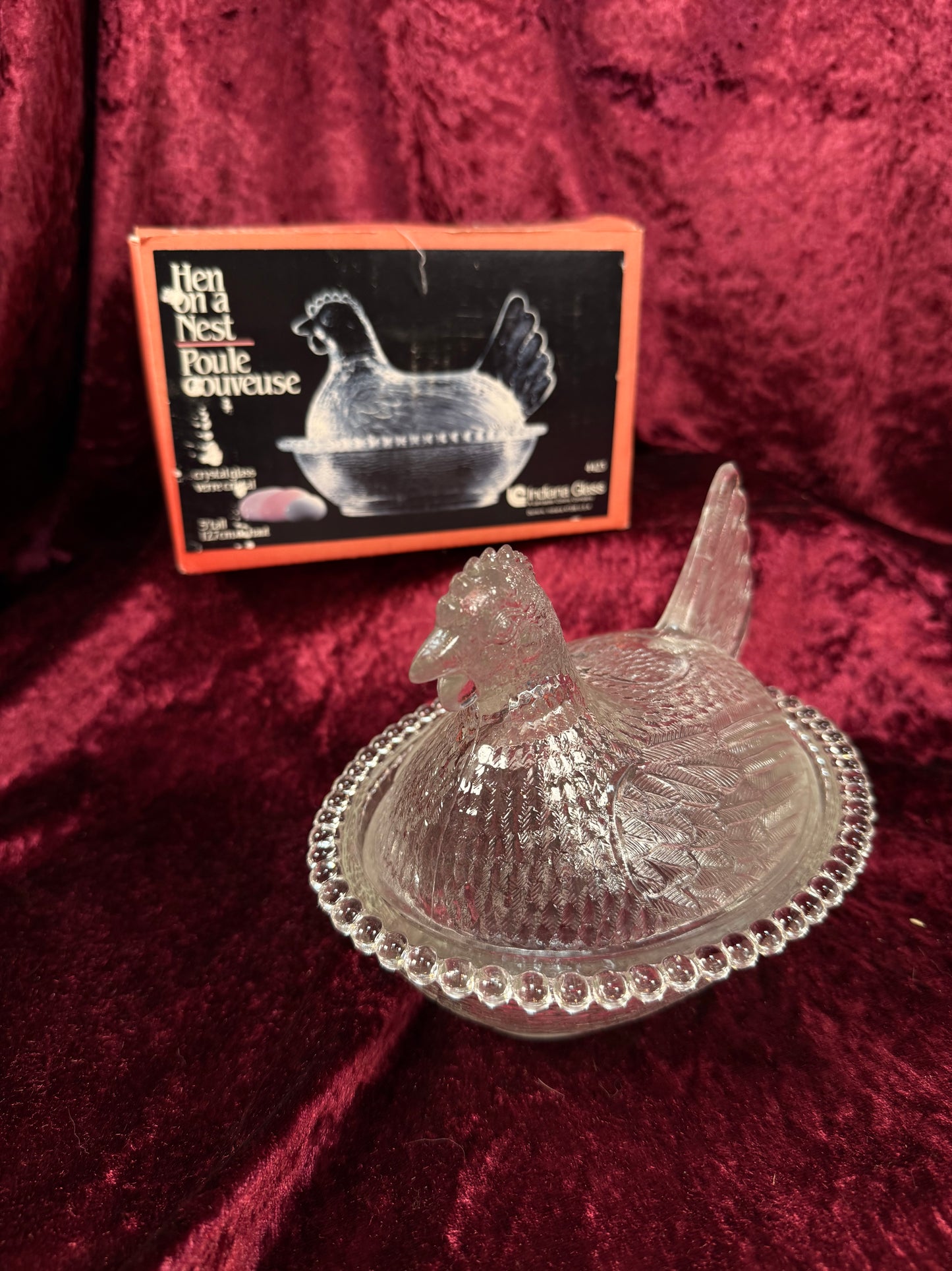 Vintage Crystal Glass Hen on Nest Dish – Beaded Rim Covered Candy Bowl with Original Box