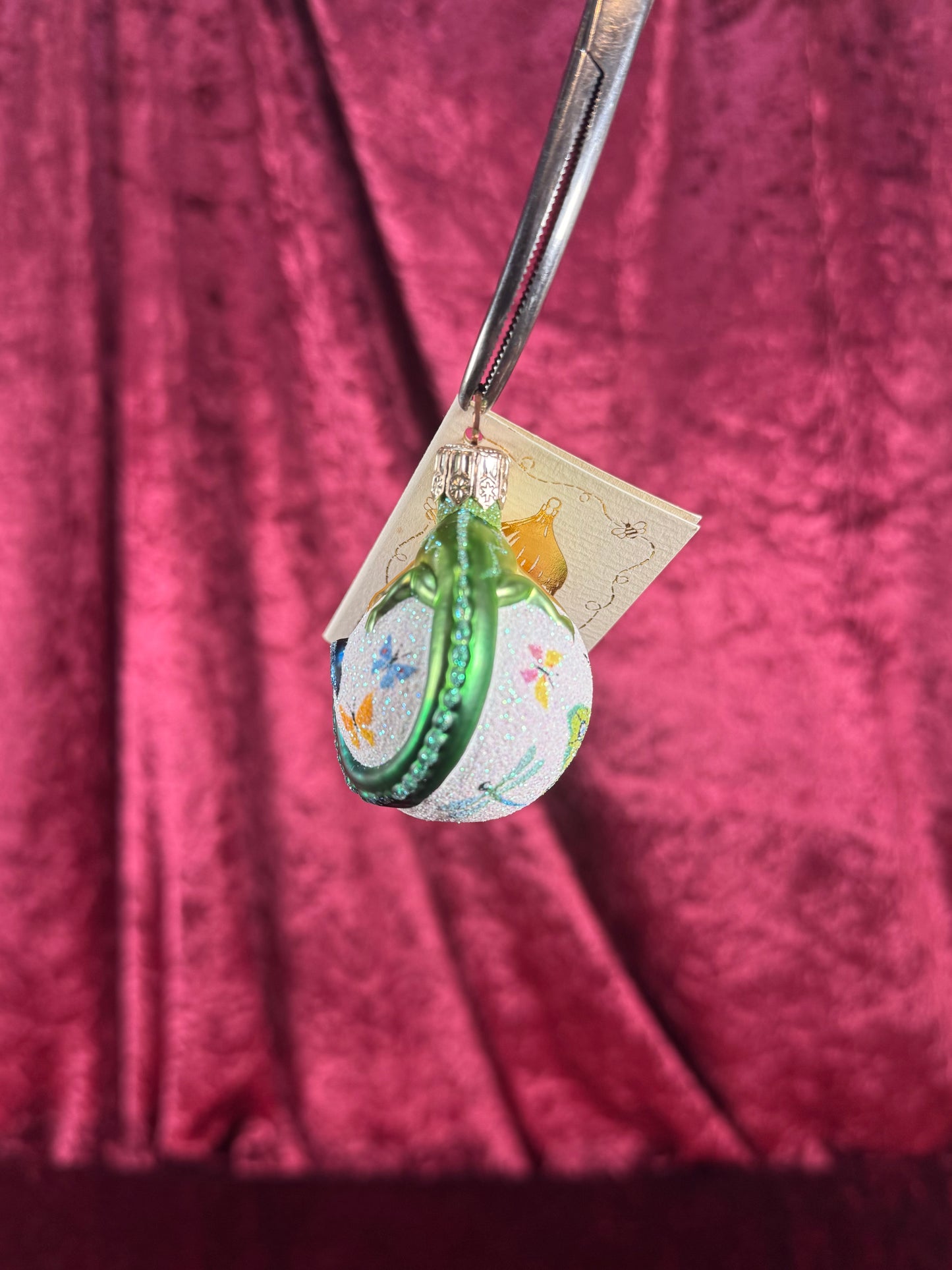 Vintage Christmas - Handblown Glass Clip On Ornament - Spring Chameleon and Butterflies - Patricia Breen - Poland