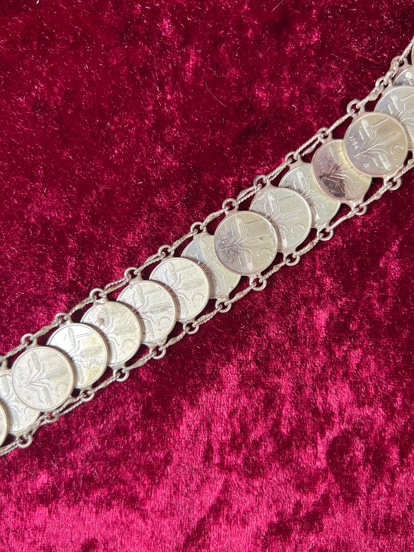 Vintage Jewelry - Coin Bracelet - Silver - Mexican Centavos - 7.75"