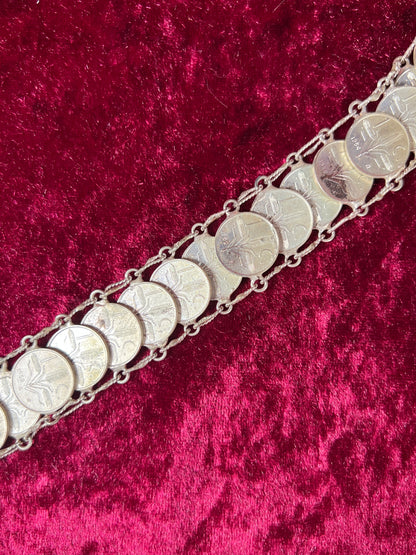 Vintage Jewelry - Coin Bracelet - Silver - Mexican Centavos - 7.75"