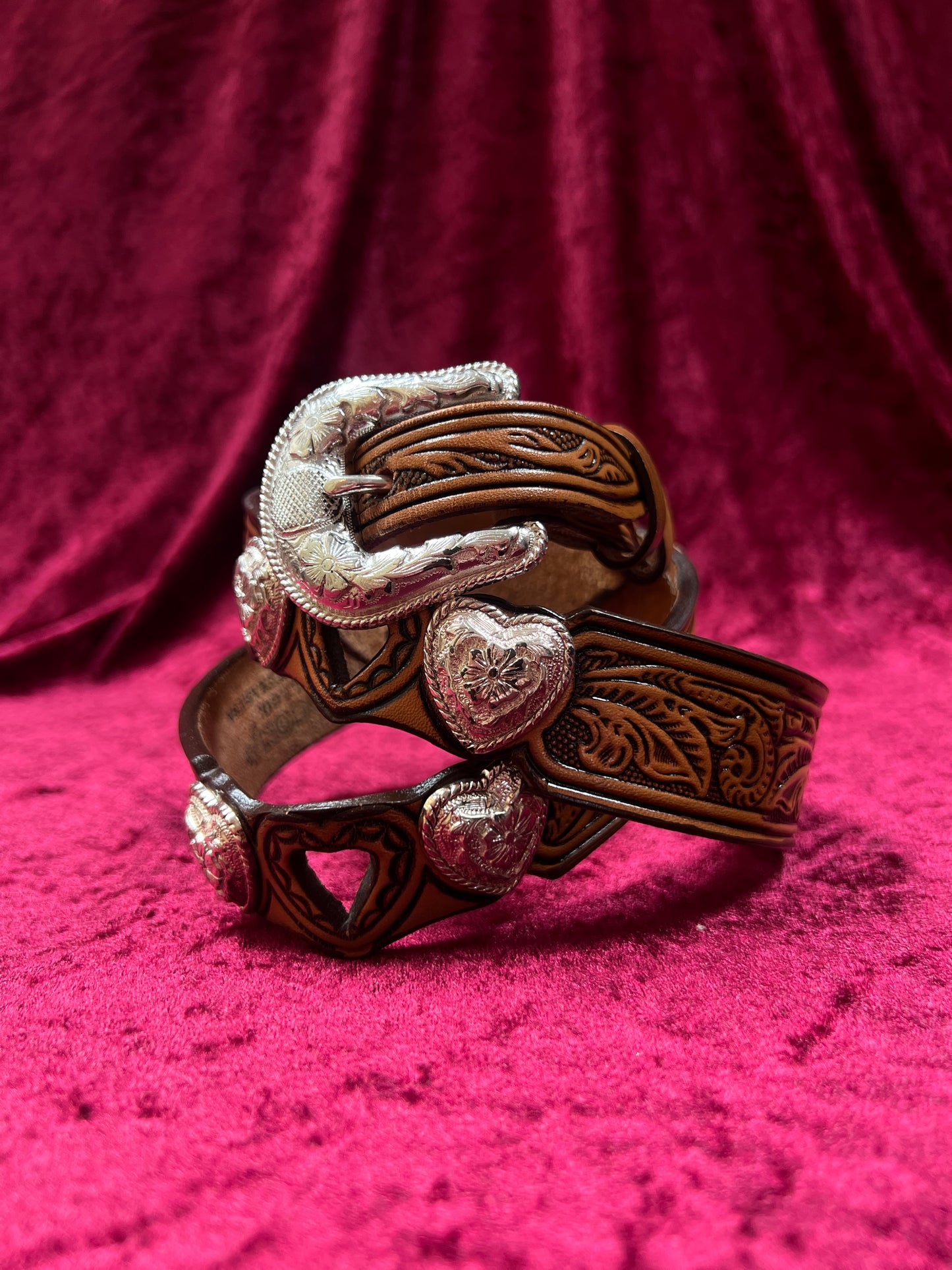 Vintage Nocona Leather Western Belt - Tooled Heart Cutout Silver Concho Belt USA Made - 34-37.75"