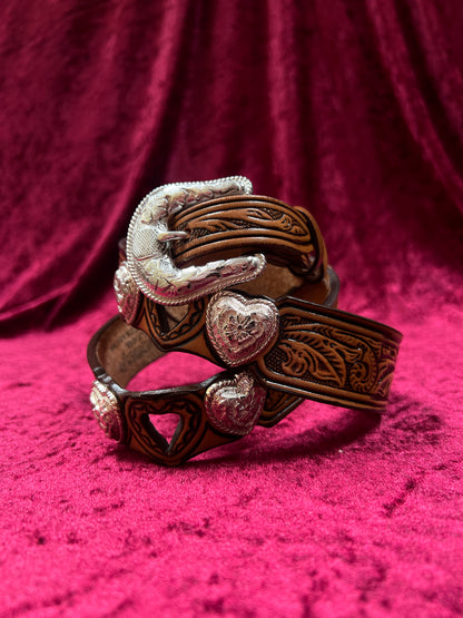 Vintage Nocona Leather Western Belt - Tooled Heart Cutout Silver Concho Belt USA Made - 34-37.75"