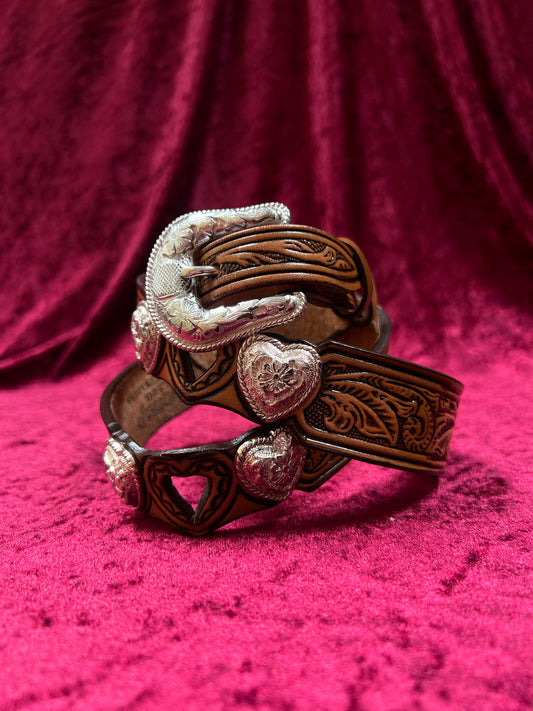 Vintage Nocona Leather Western Belt - Tooled Heart Cutout Silver Concho Belt USA Made - 34-37.75"