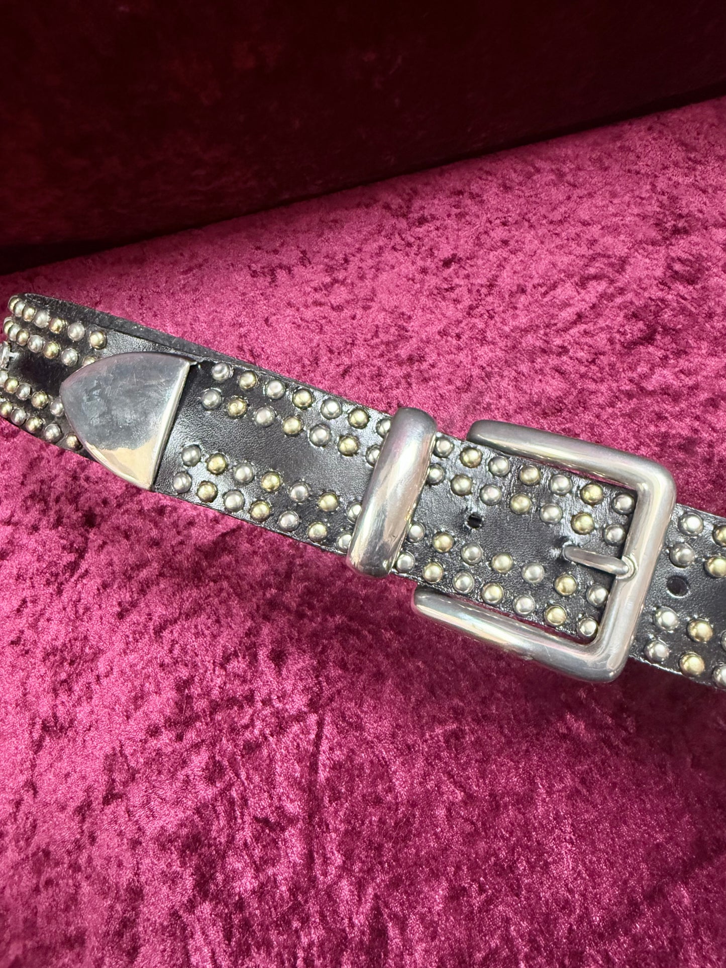 Vintage 1990s Donna Katz Bonded Leather Belt - Black with Silver & Gold Studs