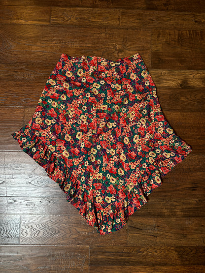 Vintage Cotton Shawl - Autumn Floral Print Ruffle Trim Handmade Wrap