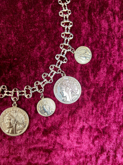 Vintage Jewelry - Reversible Necklace - Gold Tone Republique Francaise Coins - 17.5"